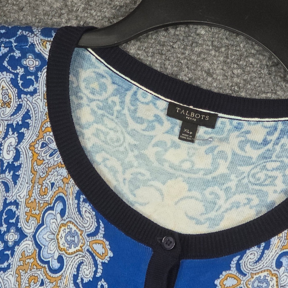 Talbots Women XLP Cardigan Blue Paisley Cotton Rayon Knit Button Front Sweater